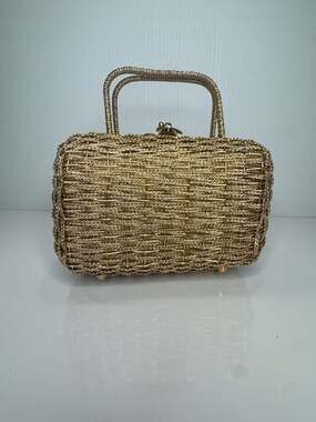 Vintage Koret Gold Metallic Woven Basket Box Designer Handbag